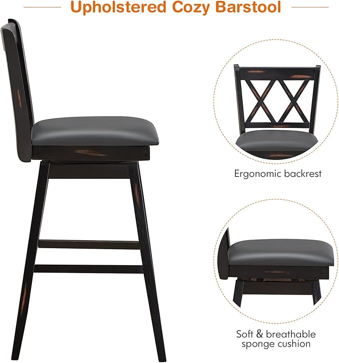 COSTWAY Bar Stool Set of 2, 360 ° Swivel Bar Height 29.5 inch Bar Stool with Foot Rest Upholstered Cushion & Ergonomic Backrest, Sturdy Frame, for Pub, Restaurant, Home (2, Black + Grey)
