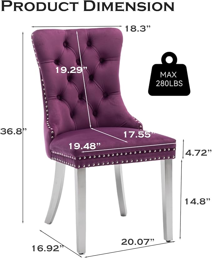 Velvet Upholstered Dining Chairs Set of 8, Modern Kitchen Side Chairs with Nailhead Trim and Silver Plated Leg, Metal Pulling Ring for Dining Room Living Room(Purple-Silver Plated Leg)