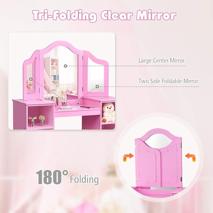 GOFLAME Kids Vanity Table, 2 in 1 Detachable Design with Dressing Table and Writing Desk, Princess Makeup Dressing Table with 4 Large Storage Shelves and 3-Panel Mirror for Kids and Girls (Pink)