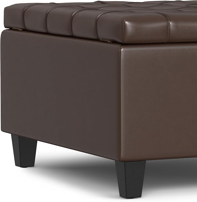 SIMPLIHOME Harrison 30 inch Wide Transitional Square Small Coffee Table Storage Ottoman in Chocolate Brown Vegan Faux Leather, Assembled, for The Living Room and Bedroom