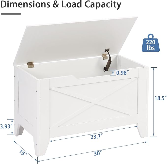 VECELO 30" Storage Bench, Entryway Shoe Ottoman, Farmhouse Style Bench with Handwoven Cushion and Metal Safety Hinges, for Bedroom, Living Room, Entryway, White