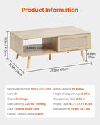 VEVOR Rattan Coffee Table, Mid Century Modern Table, Rectangle Wood Table, 42 Inch Modern Boho Style Two Layers Storage Coffee Table, for Living Room, Bedroom & Small Spaces