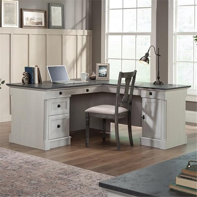 BOWERY HILL Engineered Wood L-Shaped Desk in Glacier Oak/Rosso Slate Accents