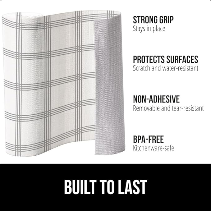 GORILLA GRIP Slip Resistant Drawer and Shelf Liner 2 Pack, Non Adhesive Water Resistant, Easy Trim, Smooth Surface Liners for Kitchen Cabinet, Shelves, Drawers Pantry, 12 IN x 10 FT, Stripe Gray White
