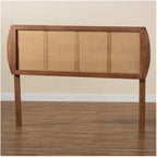 Mid-Century Modern Ash Walnut Finished Wood and Synthetic Rattan Victorian Vintage Size Headboard