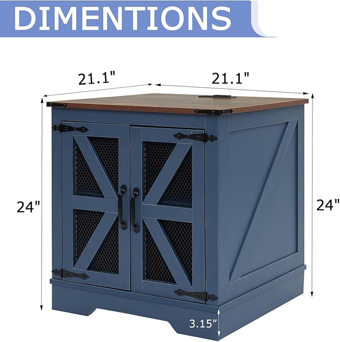 White Farmhouse End Table with Charging Station, 24" Wood Sofa Side Table with Mesh Barn Door, Nightstand with Adjustable Storage Shelf for Living Room, Square