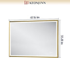 Keonjinn 48” x 36” LED Bathroom Mirror with Frontlit & Backlit, Gold Metal Framed Lighted Mirror with Stepless Dimmable 3-Color Temperatures, Anti Fog, UL-Listed Driver, No Dark Corner