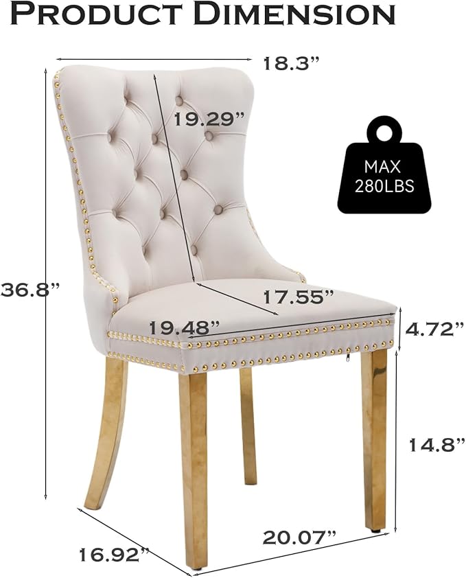 Velvet Upholstered Dining Chairs Set of 6, Modern Style Kitchen Side Chairs with Nailhead Trim and Gold Plated Leg, Metal Pulling Ring for Dining Room Living Room(Beige-Gold Plated Leg)