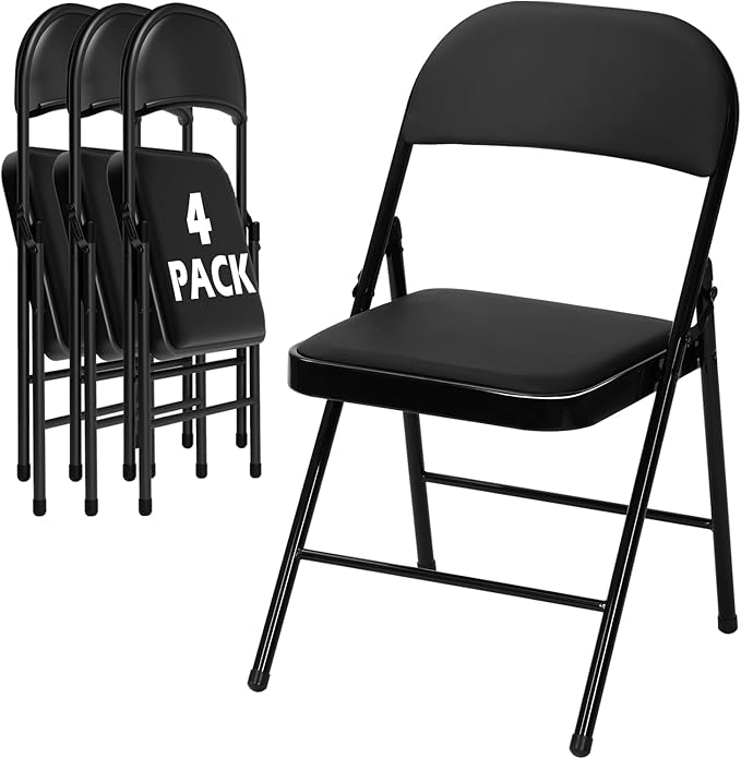 4 Pack Black Folding Chairs with Padded Cushion for Outside, Portable Stackable Commercial Metal Foldable Chairs with Steel Frame for Home Events Office Wedding Party, 350lbs Capacity
