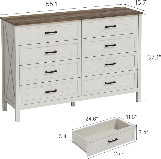 LYNSOM Farmhouse 8 Drawer Dresser for Bedroom, 55 Inch Wide Wood Rustic Chest of Drawers with X-Marking & Bar Handle, Large Storage Dressers Organizer for Bedroom, Living Room, Antique White