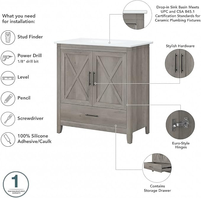 Bush Furniture Key West 32W Bathroom Vanity Sink with Mirror and Over The Toilet Storage Cabinet in Driftwood Gray