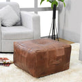 Handmade Eco-Friendly Geometric Leather Pouf Brown Color Square 21" x 21" x 12" Buffalo Leather Pouf for Living Room, Bedroom Seating, Patio