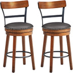 COSTWAY Bar Stools Set of 2, 360-Degree Swivel Stools with Leather Padded Seat, Single Slat Ladder Back & Solid Rubber Wood Legs, Counter Height Stools for Pub, Restaurant, Kitchen, Brown (2, 25.5)