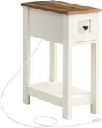 VASAGLE Narrow Side Table with Charging Station, Farmhouse End Table with Storage Drawer, Nightstand, Superfast Toolless Assembly, for Living Room, Bedroom, Honey Brown and Rustic White ULET328W01