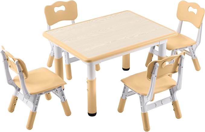 Kids Study Table and Chairs Set, Height Adjustable Toddler Table and Chair Set for Kids Ages 3-8, 31.5" L x 23.6" W Graffiti Desktop Plastic Children Art Table with 4 Seats, Brown