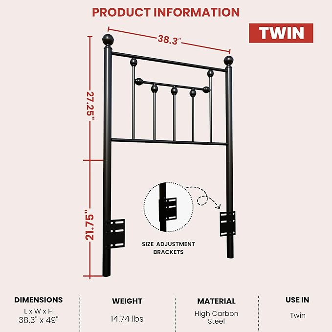 Victorian Twin Size Metal Bed Frame Height Adjustable Headboard Only, Wrought Iron Black Farmhouse Bed Frame Headboard, Easy Assembly, Short Clearance, Tall or Low Setting