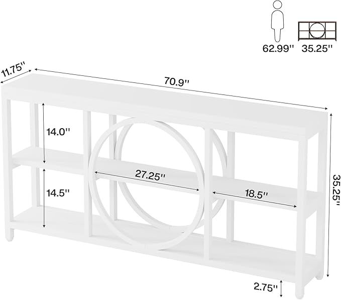 Tribesigns 70.9 Inch Extra Long Console Table for Entryway, Sofa Table Behind Couch with 3 Tier Wood Storage Shelves Industrial Metal Frame for Living Room Hallway Entryway, Pure White