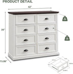 Farmhouse 8 Drawer Dresser for Bedroom, 39" Tall Dressers & Chests of Drawers, 42" Wide Dressers Organizer Storage, Wood Rustic Bedroom Dresser for Closet, Living Room, Hallway, White