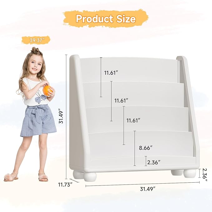 ONBRILL 4-Tier Kids Bookshelf, Montessori Shelf for Kids Rooms, Toddler Book Rack Organizer and Storage, Wooden Baby Bookshelf for Classrooms Nursery Playrooms