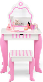 HONEY JOY Kids Vanity, Toddler Makeup Table with Mirror and Stool, Wooden Pretend Play Vanity for Little Girls, Detachable Mirror and Storage Drawer, Kids Vanity Table and Chair Set (Pink)
