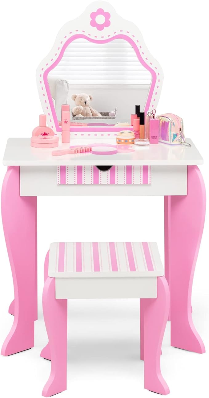 HONEY JOY Kids Vanity, Toddler Makeup Table with Mirror and Stool, Wooden Pretend Play Vanity for Little Girls, Detachable Mirror and Storage Drawer, Kids Vanity Table and Chair Set (Pink)