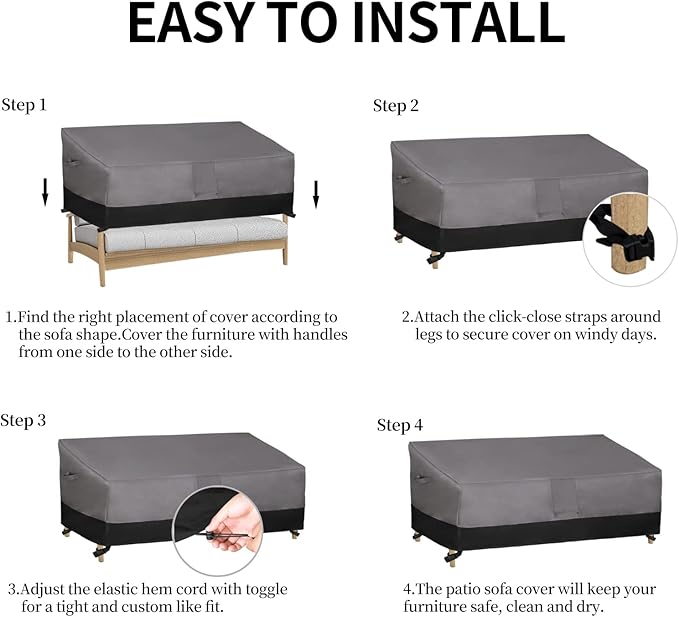 Easy-Going Waterproof Outdoor Couch Cover, Heavy Duty 4-Seater Patio Sofa Cover, Windproof Outdoor Furniture Cover with Air Vent (104Wx32.5Dx33H inch, Gray/Black)