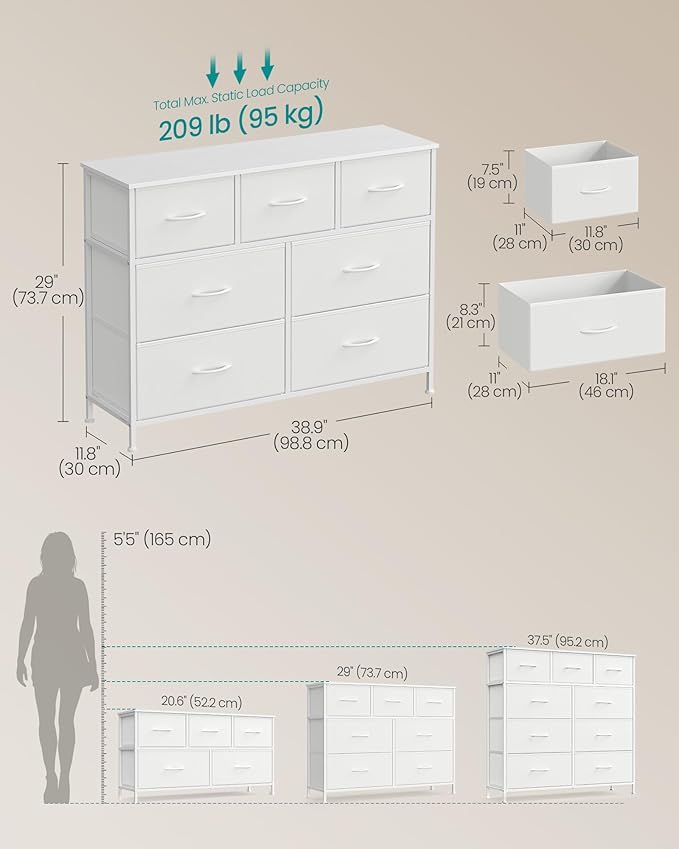 SONGMICS Dresser for Bedroom, Chest of Drawers, TV Stand, Steel, MDF, 7 Non-Woven Fabric Drawers, Storage Organizer Unit, Closet, Entryway, Cloud White and Snow White ULGS323W01S
