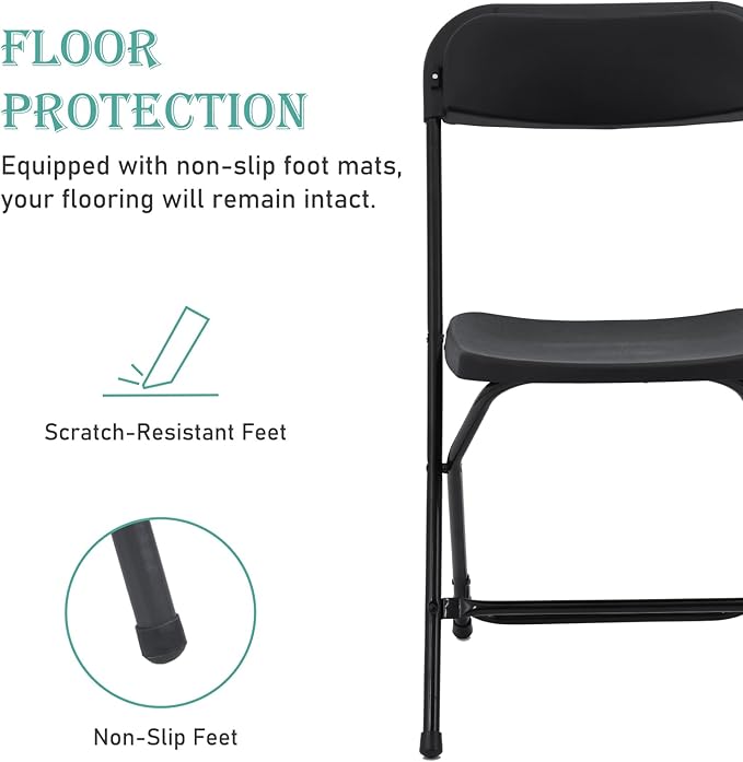 10 Pack Plastic Folding Chairs, Portable Stackable Commercial Seat Folding Chairs with Steel Frame 350lbs for Home Office Outdoor Indoor Office Wedding Party Events, Black