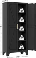 Large Metal Kitchen Pantry Storage Cabinet with Adjustable Shelves - Freestanding Kitchen Storage Cabinet for Dining Room,Livingroom Bathroom, Hallway, Workshop, Office (Black, 71"- 0 drawer)