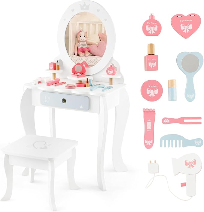 HONEY JOY Kids Vanity, Toddler Wooden Makeup Vanity Table & Chair Set, 10 Pcs Pretend Play Dressing Accessories Toy, Tri-Fold Princess Mirror, Little Girls Vanity Set with Mirror and Stool, White