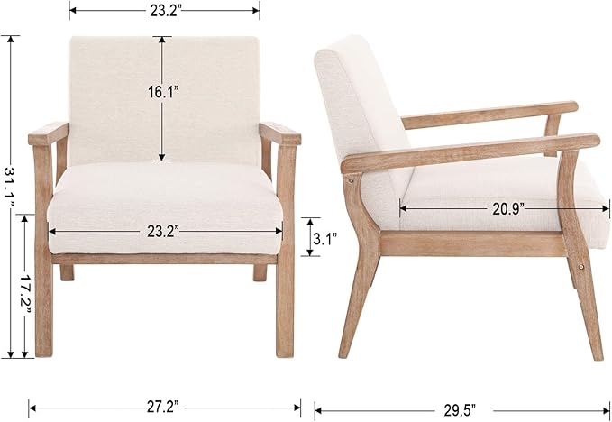 HNY Mid Century Modern Accent Chairs Set of 2 with Wood Frames, Linen Upholstered Living Room Arm Chairs for Living Room, Bedroom, Ivory
