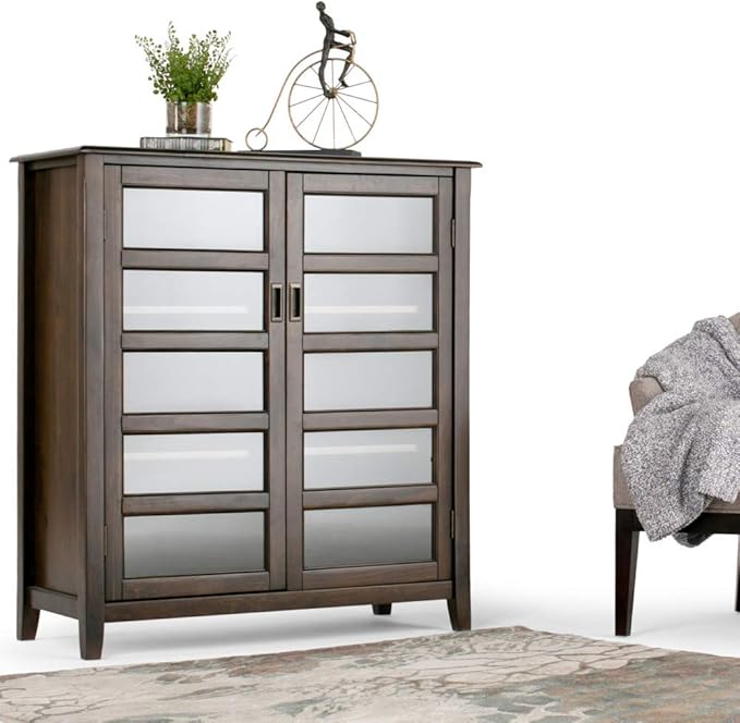 SIMPLIHOME Burlington SOLID WOOD 40 inch Wide Transitional Medium Storage Cabinet in Mahogany Brown, with 2 Tempered Glass Doors that open to 4 Adjustable Shelves