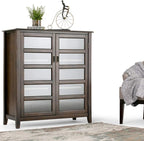 SIMPLIHOME Burlington SOLID WOOD 40 inch Wide Transitional Medium Storage Cabinet in Mahogany Brown, with 2 Tempered Glass Doors that open to 4 Adjustable Shelves