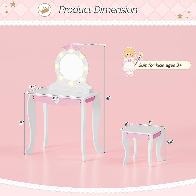 MU Kids Vanity Set with Lighted Mirror and Stool, Kids Make Up Vanity Desk with Storage Space, Wing Pattern for Little Girls, Toddler Princess Makeup Dressing Table with Chair Set, White