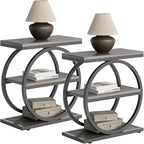 LITTLE TREE End Table Set 2, Side Table with 3 Tiers Shelves, Slim Sofa Side Table for Living Room, Tall Bedside Table Nightstand for Bedroom, Grey and Black