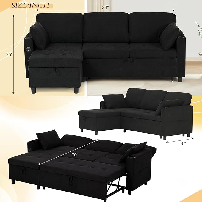84" Sectional Pull Out Sofa Bed with Adjustable Backrests, L-Shaped Sleeper Sofa with USB Ports, Upholstered Reversible Couch with Cup Holder & Storage Space for Living Room, House, Black