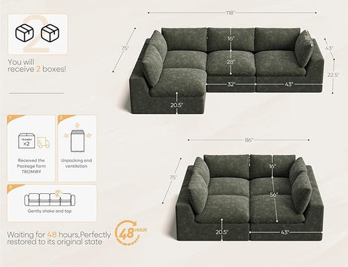 120" Cloud Sectional Couch | Oversize Boneless Couches for Living Room | 4 Seater Modern L-Shape Sofa | Green
