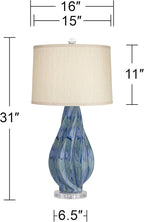 Possini Euro Design Teresa Modern Style 3-Way Table Lamp with Table Top Dimmer 31" Tall Teal Blue Ceramic Beige Fabric Drum Shade for Living Room Bedroom House Bedside Home Entryway (Color