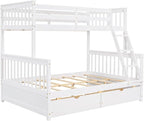 Merax Wood Bunk Bed with Drawers,Convertible Wood Bunk Bed with Ladders and Two Storage Drawers,Solid Wood Detachable Bed Frame with Ladders,Twin Over Full Size,White