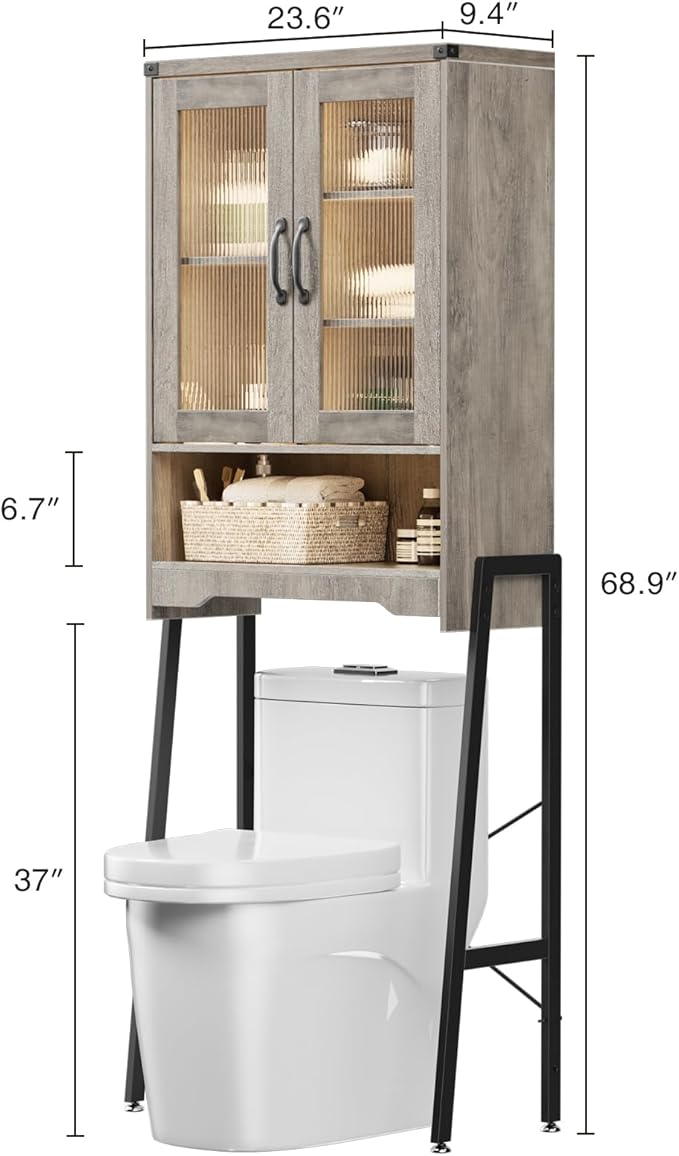 Over The Toilet Storage Cabinet with Tempered Glass Doors and Adjustable Shelf, Bathroom Organizer with Metal Stand Space Saver Over Toilet , Modern Toilet Rack for Bathroom, Restroom, Laundry, Grey