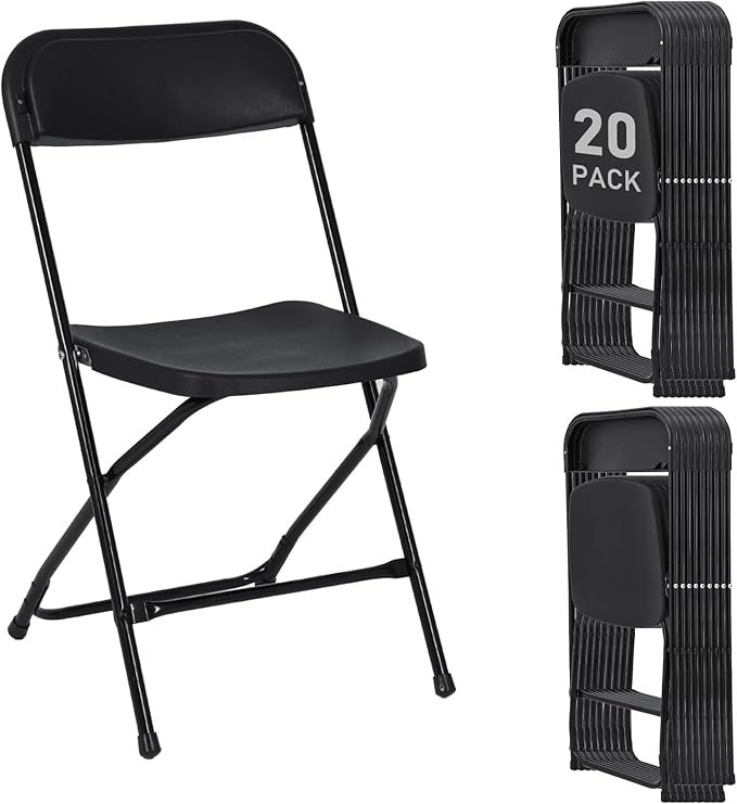 20 Pack Black Plastic Folding Chairs, Portable Stackable Commercial Party Folding Chairs with Steel Frame 350lbs for Home Office Outdoor Indoor Office Wedding Party Events
