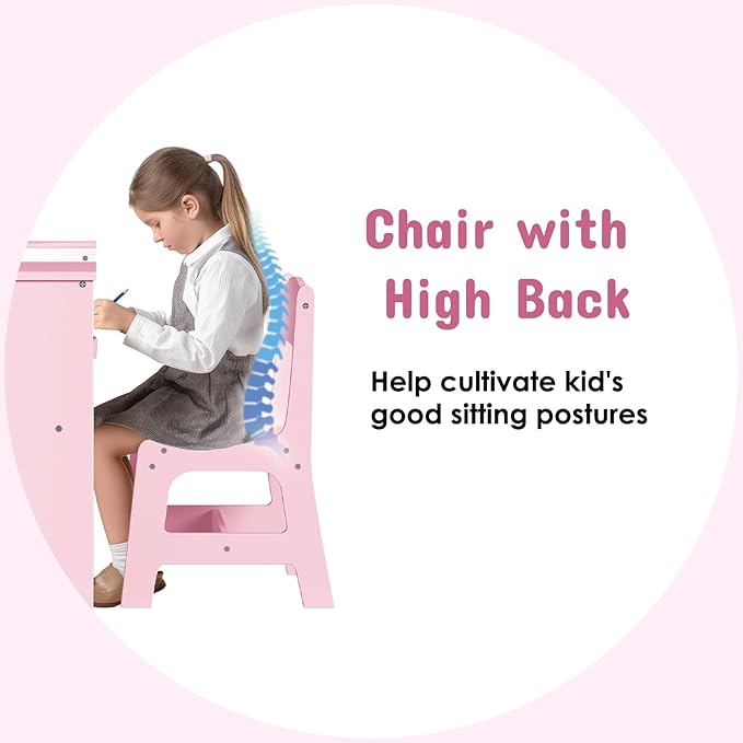 Arlopu Kids Vanity Set, 2 in 1 Toddler Makeup Dressing Table and Chair Set w/Detachable Tri-fold Mirror, Open Shelves, Princess Wooden Pretend Play Desk Furniture Toy for Little Girl (Pink)