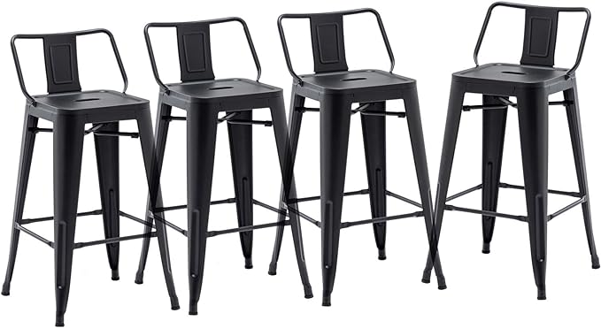 HAOBO Home 30" Low Back Metal Counter Stool Height Bar Stools [Set of 4] for Indoor/Outdoor Barstools, Matte Black