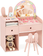 Costzon Kids Vanity, Girls Vanity Set with Mirror and Stool and Lights, Drawers & Storage Compartments, Toddler Makeup Vanity Desk Dressing Table, Wooden Kids Vanity Table and Chair Set (Pink)