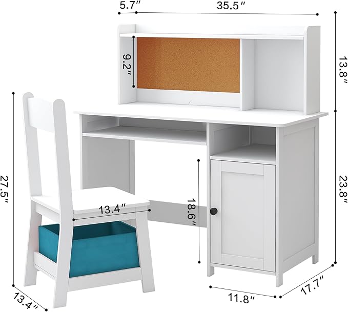 TaoHFE Kids Desk and Chair Set, Kids Desk Chair with Storage and Shelf, Wooden Kids Table and Chairs for Bedroom and Study, Craft Table with Storage Gifts for Boys, Girls to Study, White