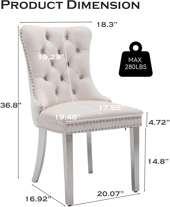 Velvet Upholstered Dining Chairs Set of 8, Modern Style Kitchen Side Chairs with Nailhead Trim and Silver Plated Leg, Metal Pulling Ring for Dining Room Living Room(Creamy White)