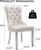 Velvet Upholstered Dining Chairs Set of 8, Modern Style Kitchen Side Chairs with Nailhead Trim and Silver Plated Leg, Metal Pulling Ring for Dining Room Living Room(Creamy White)