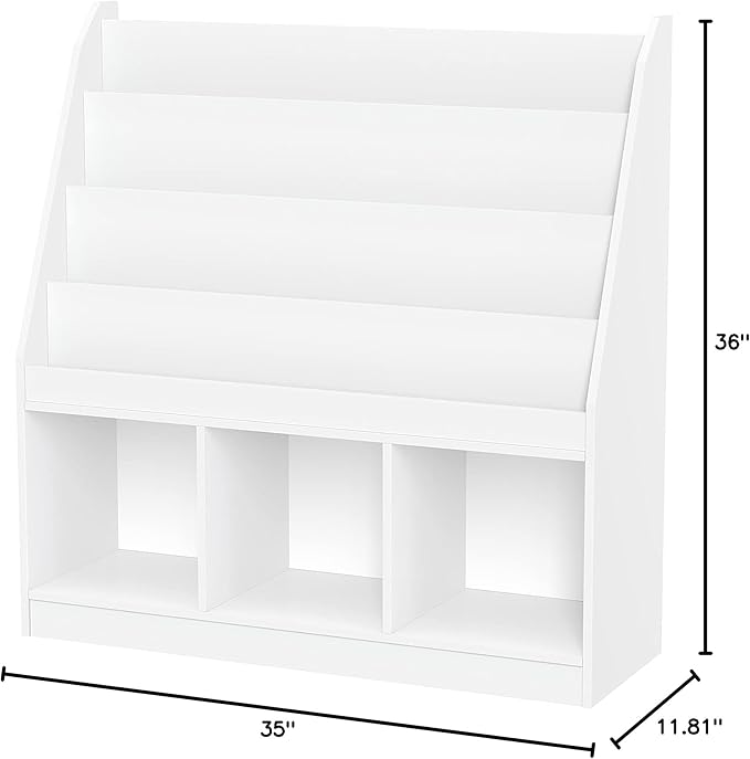 RiverRidge Kids Bookrack with Three Cubbies and 2 Gray Bins