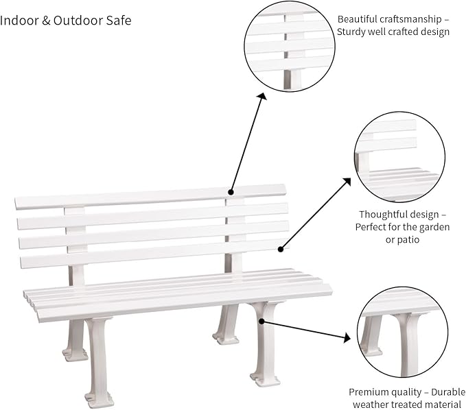 Plow & Hearth Weatherproof German PVC Outdoor Bench | Holds Up to 500 lbs | Garden Patio Porch Park Deck | Steel and Resin | White