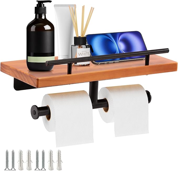 Toilet Paper Holder with Wood Shelf, Wall Mount Toilet Paper Roll Holder with Wooden Shelf and Matte Black Stainless Steel Pipe, Tissue Roll Holder for Bathroom Washroom (Light Brown, 13.8'' x 5.9'')